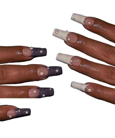 24Pc French White Edge Fake Nails with Rhinestone Pearl Design Press On Nail Tips Acrylic Detachable Coffin False Nails Art Tool (Color : 02)