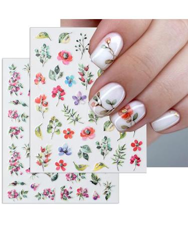 Flower Nail Art Stickers Watercolor Spring Nail Decals Pink Purple Floral Leaf Design Nail Foils Stickers for Acrylic Nail Art Spring Summer Nail Art Decorations for Women DIY Nail Accessories Style 1