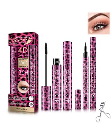 Silk Fiber Mascaras & Eyeliner  4D Eye Makeup Set Anti-Smudge Waterproof Thickening Eyes Makeup Enlarge Eyes with Eyelash Curler  2 Piece Set