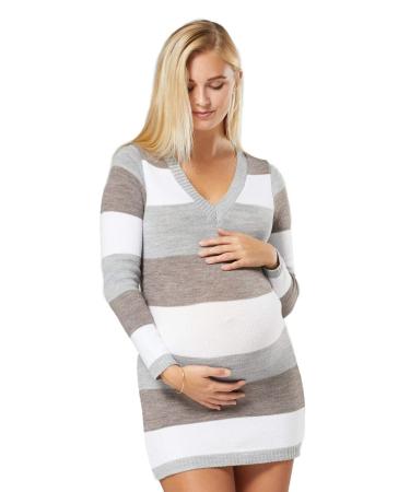 Zeta Ville Women's - Maternity Stripes Knit Jumper Dress Tunic Top V-Neck - 405c 12-14 Cappuccino Melange