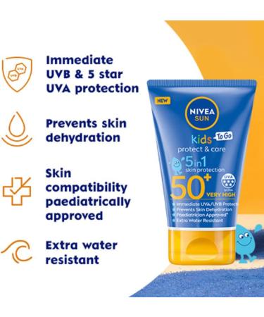 NIVEA SUN Kids Protect and Care SPF 50+ to Go Lotion (50ml) Water-Resistant Sunscreen Kid's Sun Cream Provides Highly Effective UVB and 5 Star UVA Protection (Pack of 3) 50 ml (Pack of 3) - Buy Online on GoSupps.com