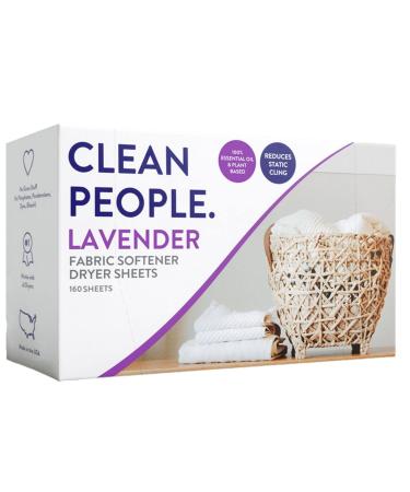 Clean People All Natural Fabric Softener Sheets - Plant-Based, Eco Friendly Dryer Sheets - Naturally Softens & Removes Static - Vegan Laundry Softener With Essential Oils - Lavender, 2 x 80 Packs