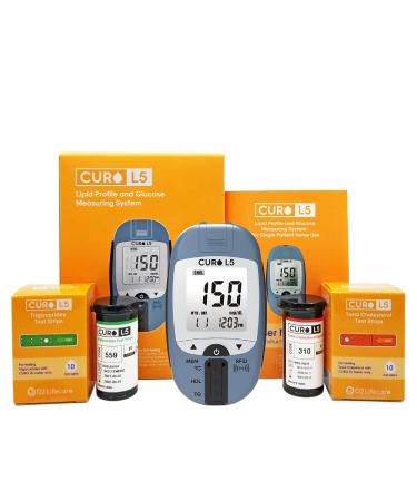 CUROfit Home Blood Cholesterol Test Kit - CURO L5 Digital Meter - (10 Total Cholesterol Strips & 10 Triglycerides Test Strips Included)