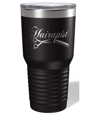 IE Laserware Hairapist in Black for your stylist hairdresser or barber. 30 oz Double Wall Vacumm Isulated Sweat Free with lid keeps drinks cold for 24 hours