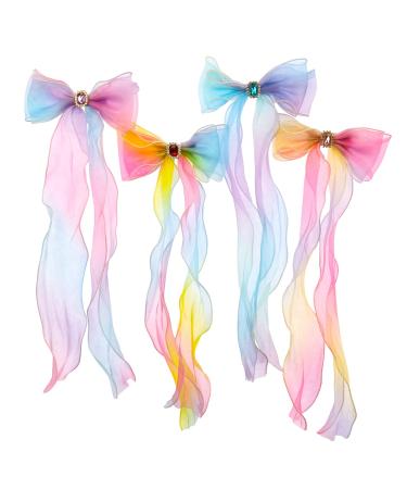 Little World Bow Hair Clips - Set of 4 Ribbon Hair Bows for Girl Women  13 inch Colorful Ribbon Lace Clip for Hair Accessories