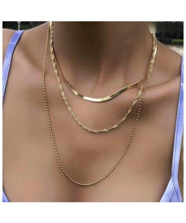 Punk Layered Chain Necklace Gold Flat Snake Chain Necklace Choker Vintage Herringbone Necklace Stacking Chunky Necklace Chain Jewelry for Women and Girls Gift