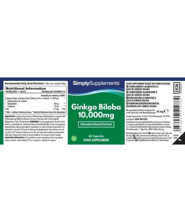 Ginkgo Biloba 10,000mg | 60 Capsules | High Strength Extract for Reduced Tiredness & Fatigue | Vegan & Vegetarian | UK Made - Buy Online on GoSupps.com