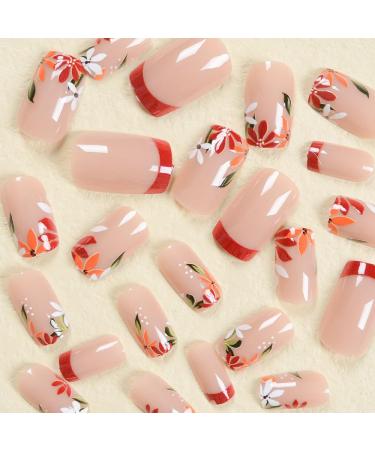 Fall Flower Press On Nails - Short Square Thanksgiving Daisy & Wine Red French Tip - 24 Pcs Reusable Acrylic Set for Women & Girls - DIY Art Nails - Buy Online on GoSupps.com