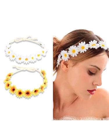 Sunflower Crown Hair Wreath Daisy Headbands for Women Girls Adjustable Floral Headpiece Hippie Flower Headband Hair Accessories for Prom Wedding