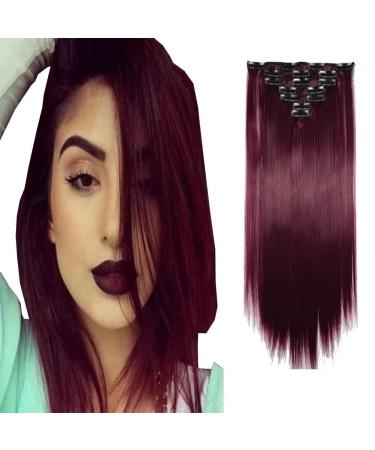 Iluu dark red hair synthetic smooth hair part 22 "100g heat -resistant fiber synthetic hair extension 7 pieces 16 clips full of head thick clip in extra time (#118 dark red)