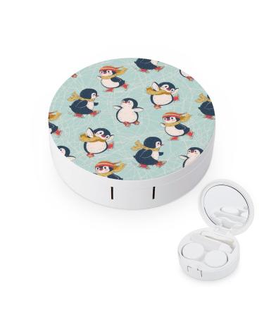 Cute Penguins Round Case For Contact Lens Kit Storage Box with Mirror Printed