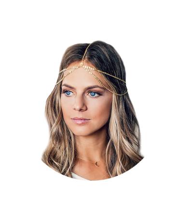 Aukmla Boho Sequins Head Chain Festival Wedding Headpiece Hair Chain Spring Summer Christmas Fashion Headband Hair Jewelry for Women and Girls (Gold)