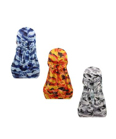 Military Camouflage Premium Silky Durags with Long Tail Colorful 360 Waves Doo rag for Men Du rag Cap (3/4 Packed) A-set3-camo Silky-3 Pack