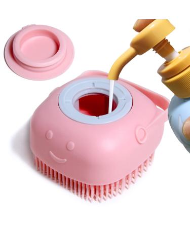 Dog Bath Brush, Pet Massage Brush Shampoo Dispenser, Soft Silicone Brush Rubber Bristle for Dogs and Cats Shower Grooming (Pink)