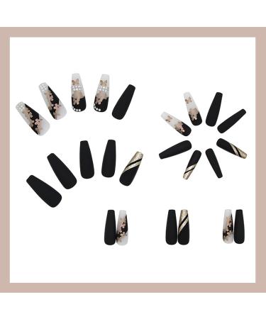 24 Pcs Long Press On Nails Set - Black Butterfly Design | Acrylic False Coffin French Ballerina Nails for Women and Girls - Buy Online on GoSupps.com