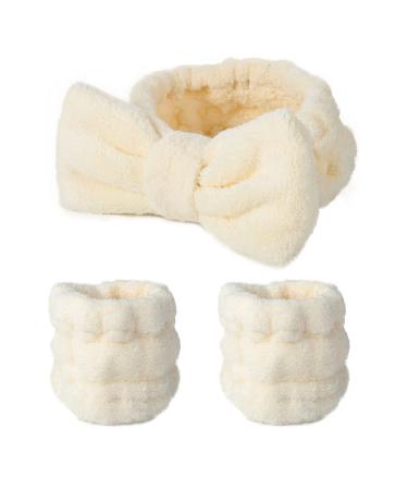 Gangel Cute Bow-Knot Solid Color Spa Headband and Wrist Bands Set Soft Microfiber Elastic Hair Band for Washing Face Bow-Tie Kawaii Makeup Skincare Headbands Coral Velvet Facial Head Wraps for Women and Girls (Beige)