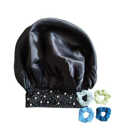 5 Pieces Silk Satin Bonnet Night Sleep Cap for Women Solid Color Glittering Pearls and Rhinestones Satin Bonnets Wide Band Sleeping Cap (Black) A-Black