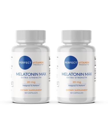 Perfect Vitamin Products 20mg Extra Strength Melatonin MAX High Dosage Melatonin Sleep Aid and Jet Lag Adjustment Support 100% Drug-Free, Vegan, Non-GMO, Gluten-Free (2-Pack)