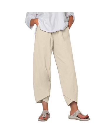 aihihe Womens Wide Leg Plus Size Cropped Pants for Summer Beach Casual Linen Comfy Palazzo Pajama Yoga Workout Capri Trouser 3X-Large A-beige