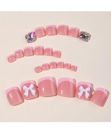 Shop Pink French Tip Press On Toenails | Short Square Acrylic False Nails with Bow Charms | 24Pcs Glossy Glitter Full Cover - Perfect for Women & Girls - Buy Online on GoSupps.com