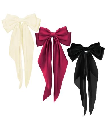 Silky Satin Hair Bows 3 PCS Big Black White Red Bowknot Set Metal Spring Clip Oversized Long Tail Hair Ribbons Ponytail Holder French Barrettes Hair Accessories for Women Christmas Gifts Black & Beige & Red