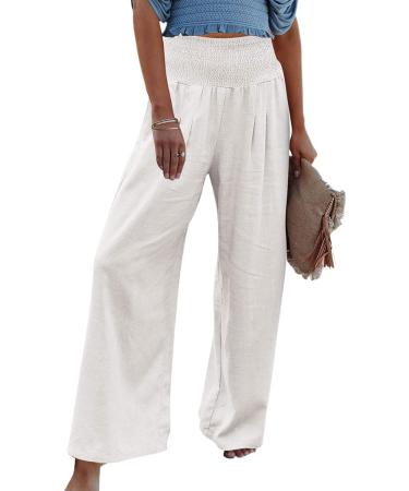 FUAIOKT Linen Wide Leg Beach Palazzo Pants for Women - High Waisted, Casual, Flowy, Smocked Lounge Trousers | S-5XL | A-White - Small - Buy Online on GoSupps.com