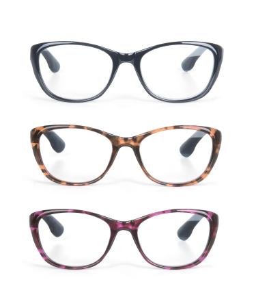 3 Pack Cat Eye Style Reading Glasses Plastic Fashion Design Readers with Spring Hinge for Women Black Brown and Purple 1.75 Diopters