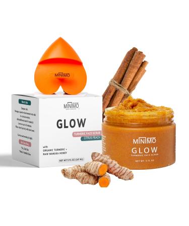 Minimo Glow Turmeric Face Scrub (Citrus Peach) With Heart Applicator - Infused with Turmeric Manuka Honey Cinnamon and Chamomile - Turmeric Glow Face Scrub for All Skin Types - 5 FL OZ (147 ML)