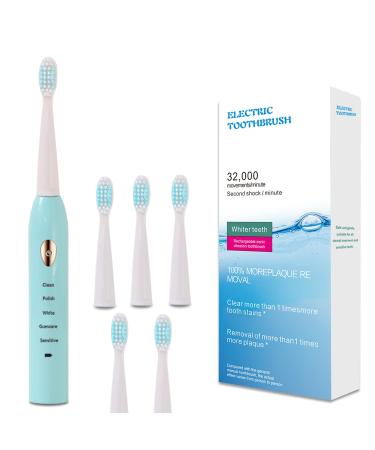 AIPOEXUNO Electric Toothbrush 5 Brush Heads Adults and Kids  Rechargeable Sonic Toothbrush  5 Modes Optional  USB Fast Charge Powered Toothbrush Last 30 Day 2 Minute Smart Timing Reminder (Bule) White