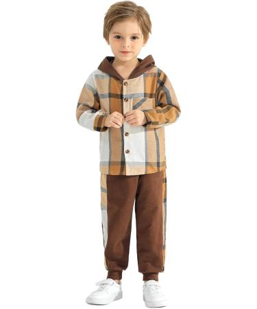 Naiyafly Toddler Boys Hoodie Plaid Sweatshirt + Pants Set | 18-24 Months | Khaki Plaid Tracksuit for Kids - Buy Online on GoSupps.com