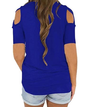 Womens Summer Short Sleeve Cold Shoulder Top - Blue X-Large | Casual Solid Color Crewneck T-Shirt with Side Split | Loose Fit - Buy Online on GoSupps.com