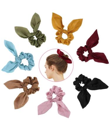 Atpot 7 Pack Hair Elastics Bow Scrunchies Bunny Ear Chiffon Satin Silk Elastic Soft Hair Bands Scarf Ponytail Holder Scrunchy Ties Vintage Accessories Ropes for Girls Women -7 Colors
