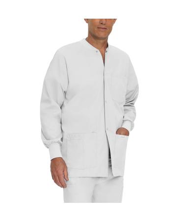 Landau Essentials Relaxed Fit 5-Pocket Snap-Front Scrub Jacket for Men 7551 Medium White Twill