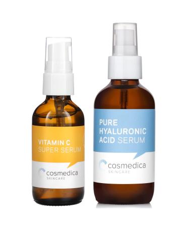 Cosmedica Skincare Vitamin C Super Serum 1 Fl. Oz & Pure Hyaluronic Acid Serum 4 Fl. Oz Bundle Hydrating Facial Moisturizer with Anti-Aging Skin Care Benefits