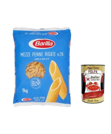 Italian Gourmet E.R. Pack of 3 Barilla Mezze Penne Rigate No. 70 pasta 100% Italian 1 kg + Italian gourmet Polpa 400 g