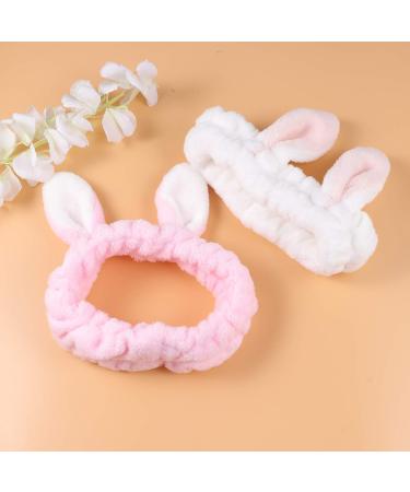 Minkissy 2pcs Bunny Ear Headband Set - Soft Makeup Hairband & Shower Face Wash Wrap for Women (Pink & White) - Perfect for Beauty & Skincare - Buy Online on GoSupps.com