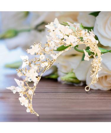 Golden Butterfly Fairy Crown Tiara with Pearl Crystal & Rhinestone - Wedding & Birthday Gift - Buy Online on GoSupps.com