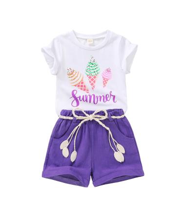 YOUNGER TREE Toddler Baby Girls Clothes Watermelon T-shirt + Linen Shorts with Belt Cute Summer Short Set 4 Years Ice Cream Purple