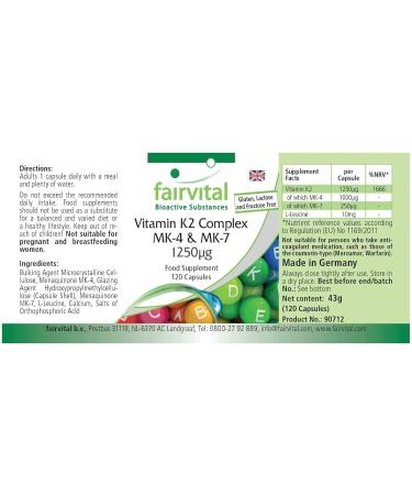 Fairvital | Vitamin K2 Complex - with 1.000mcg MK4 + 250mcg MK7 - Highly Dosed - 120 Capsules - Vegan - Buy Online on GoSupps.com
