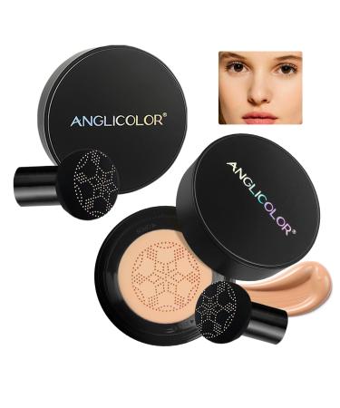 Anglicolor Mushroom Head Air Cushion CC Cream Strong Concealer 2PC Face Makeup Cushion Foundation Long Lasting Moisturizing BB Cream Makeup Base Primer Even Skin Tone for All Skin Types (2PC03)