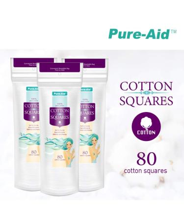 Pure-Aid 100% Pure Cotton Squares | Soft & Gentle Hypoallergenic Pads | 80 Count x 3 Pack | for Beauty, Baby, & Home Use - Buy Online on GoSupps.com