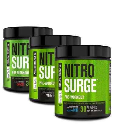 Jacked Factory NITROSURGE Pre Workout Supplement - Endless Energy Instant Strength Gains Clear Focus Intense Pump | Cherry Limeade Blue Raspberry Arctic White (90 Servings)