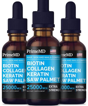 PrimeMD 4-in-1 Liquid Biotin Collagen Keratin Saw Palmetto Drops (3 Pack) Bundle - 25000mcg Hair Nails and Skin Vitamins for Women & Men - 2 Fl Oz Each Watermelon Flavor Gluten-Free Non-GMO