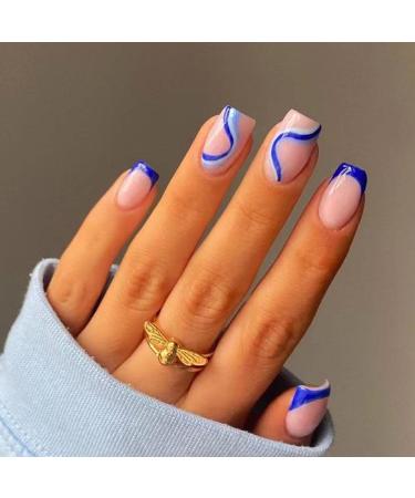 Foccna Square Press on Nails Acrylic French Fake Nails Short Swirls Cute Women's Blue False Nails Daily Wear Artificail Nails for Women&Girls, 24PCS Blue Swirls Nails