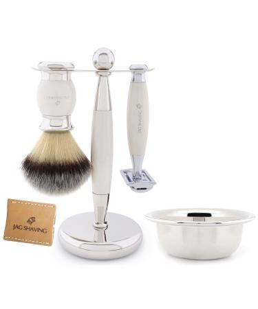 JAG Shaving Shaving Kit - Ivory Shaving Set - Shaving Set for Men - And Women - Synthetic Shaving Brush - Double Edge Safety Razor - Shaving Bowl - Leather Razor Case