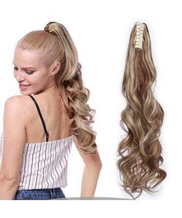 Silk-co Long Wavy Curly Claw on Ponytail Extensions Synthetic Clip in Hairpiece Pony Tail Extension 24 inch Light Brown&Blond Heat-Resisting 24inch (Pack of 1) Light Brown/Blond
