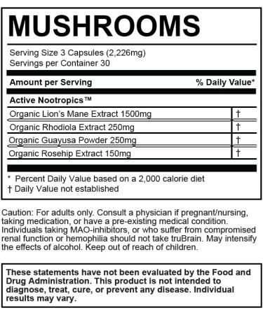 TruBrain Nootropic Capsules - Focus Energy Clarity. Fast Absorbing Nootropics Capsules | Brain Boosters | Improve Memory | Stop Procrastination (Mushrooms) - Buy Online on GoSupps.com