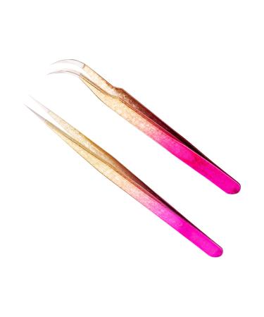 Miuffue Straight and Curved Pointed Tweezers for Eyelash Extension  2 PCS Lash Tweezer Set  Stainless Steel Professional Eyelash Extension Tweezers for Volume  Isolation and Classic Lashes Straight & Curved Tweezers (Pin...