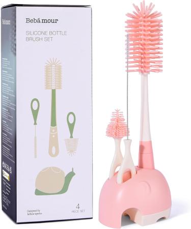 Bebamour 3-in-1 Stand Baby Bottle Brushes Set - Soft Teat Brush & Straw Cleaner - Pink - Buy Online on GoSupps.com