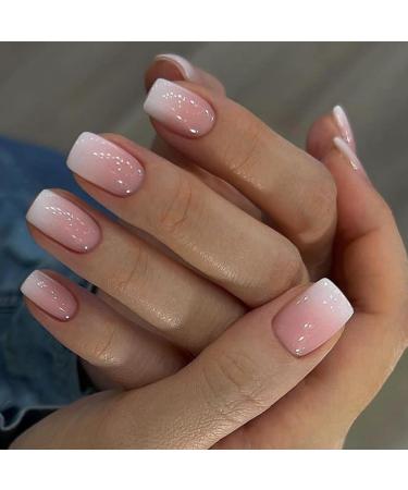 Square Press on Nails Short LPOODDNU Gradient Pink White Press on Nails Short Fake Nails French False Nail Tips Full Cover Glue on Nails for Women Girls Nail Art Decorations 24Pcs 3